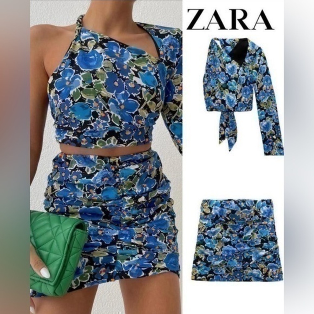 ZARA 2 piece set Floral asymmetric top and floral skirt